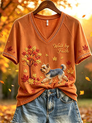 Women's Walk by Faith Fall Walking Yorkshire Dog Print short-sleeved T-shirt