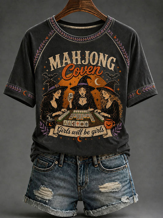 Women's Halloween Mahjong Night Printed Casual T-Shirt