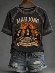 Women's Halloween Mahjong Night Printed Casual T-Shirt