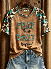 Women's Western Pray Trust Wait Repeat Print Round Neck Short Sleeve T-shirt