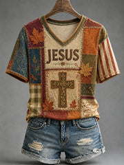 Women's Fall Jesus Cross Art Short Sleeve T-shirt