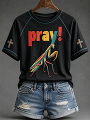 Women's Praying Mantis Cross Print Round Neck Short Sleeve T-shirt