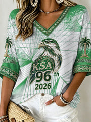Women's Saudi Arabia's 96th National Day Mid-length Sleeves V-Neck T-Shirt