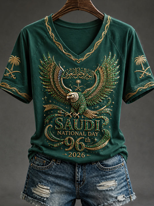 Women's Saudi National Day V-neck off-shoulder short-sleeved T-shirt