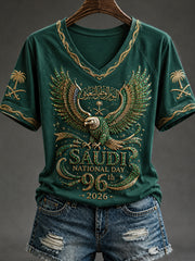 Women's Saudi National Day V-neck off-shoulder short-sleeved T-shirt