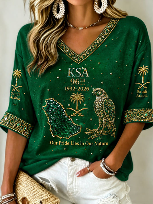 Women's Saudi Arabia's 96th National Day Mid-length Sleeves V-Neck T-Shirt