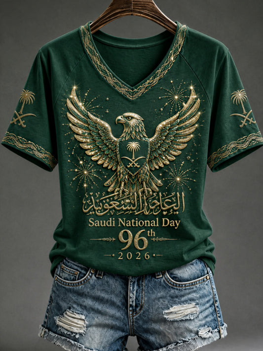 Women's Saudi National Day V-neck off-shoulder short-sleeved T-shirt