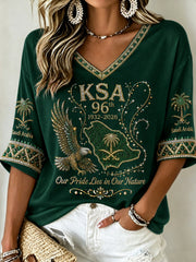 Women's Saudi Arabia's 96th National Day Mid-length Sleeves V-Neck T-Shirt
