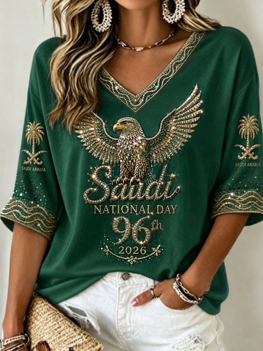 Women's Saudi Arabia's 96th National Day Mid-length Sleeves V-Neck T-Shirt