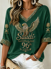 Women's Saudi Arabia's 96th National Day Mid-length Sleeves V-Neck T-Shirt