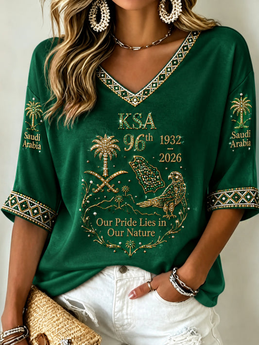Women's Saudi Arabia's 96th National Day Mid-length Sleeves V-Neck T-Shirt