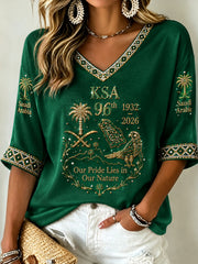 Women's Saudi Arabia's 96th National Day Mid-length Sleeves V-Neck T-Shirt