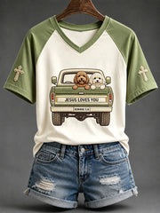 Women's Jesus Loves You Dogs Print V-neck Short-sleeved T-shirt