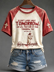 Women's Don't Worry About Tomorrow Jesus Print Round Neck Short Sleeve T-shirt