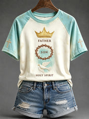 Women's Father Son Holy Spirit Faith Print Round Neck Short Sleeve T-shirt