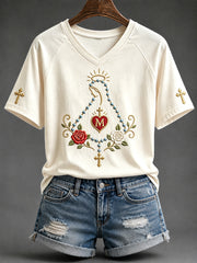 Women's Virgin Mary Print V-neck Short-sleeved T-shirt