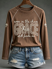 Women's His Grace Still Finds Me Christian Faith Floral Print Long-sleeved T-shirt