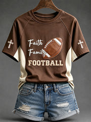 Women's Faith Family Football Print Round Neck Short Sleeve T-shirt