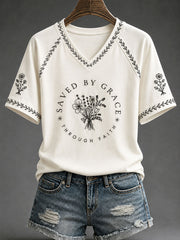 Women's"Saved By Grace" Faith Floral Print Casual T-Shirt