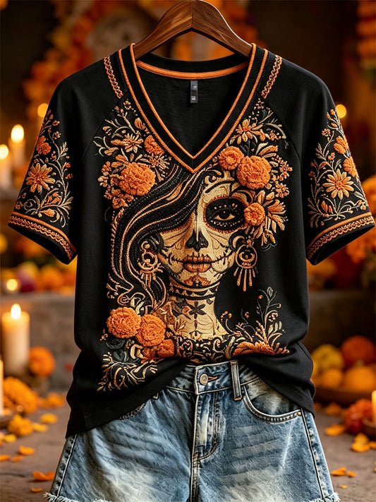 Women's Day of the Dead Sugar Skull Lady Marigolds Floral Print short-sleeved T-shirt