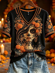 Women's Day of the Dead Sugar Skull Lady Marigolds Floral Print short-sleeved T-shirt