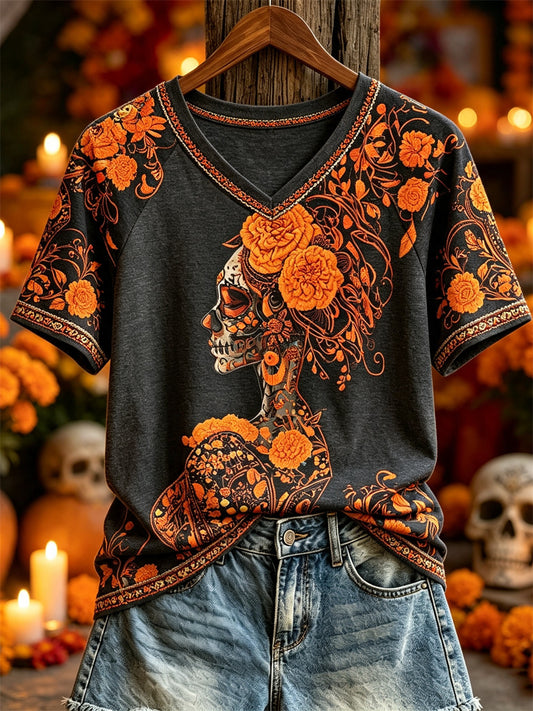 Women's Day of the Dead Sugar Skull Lady Marigolds Floral Print short-sleeved T-shirt