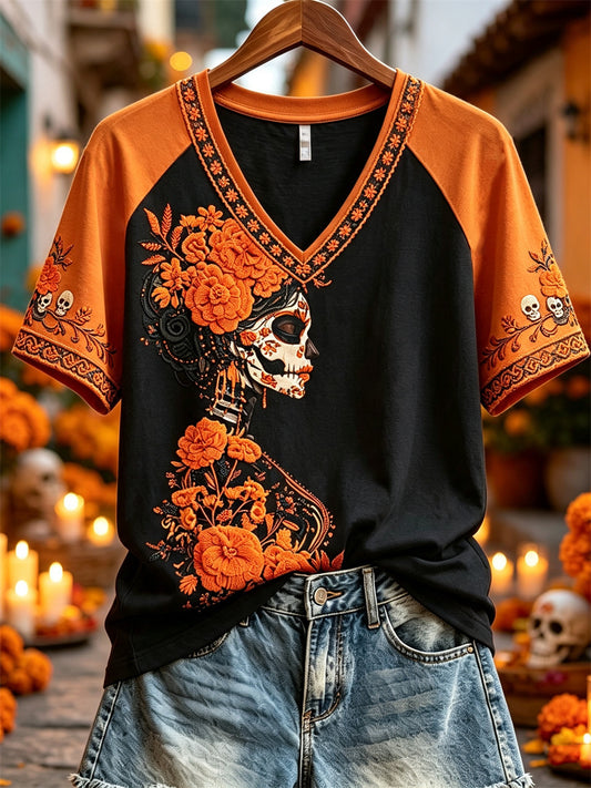 Women's Day of the Dead Sugar Skull Lady Marigolds Floral Print short-sleeved T-shirt