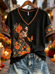 Women's Day of the Dead Sugar Skull Lady Marigolds Floral Print short-sleeved T-shirt