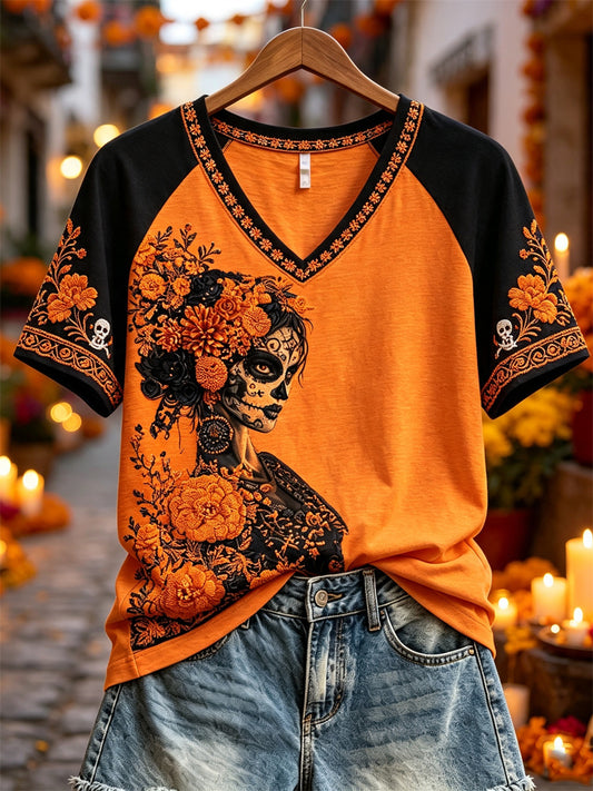 Women's Day of the Dead Sugar Skull Lady Marigolds Floral Print short-sleeved T-shirt