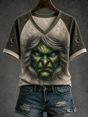 Women's Halloween Witch Face Printed V-neck T-shirt