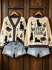Women's Vintage Witch Club Halloween Black Cats Mystical Print Cardigan