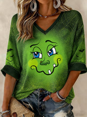 Women's Halloween Printed Mid-length Sleeves V-neck T-shirt