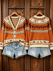 Women's Vintage Halloween Cats Pumpkins Fall Isle Pattern Print Cardigan