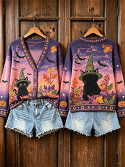 Women's Vintage Halloween Black Cat Pumpkin Fall Landscape Print Cardigan