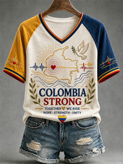 Women's Colombia Strong Print  Casual V-Neck Tee