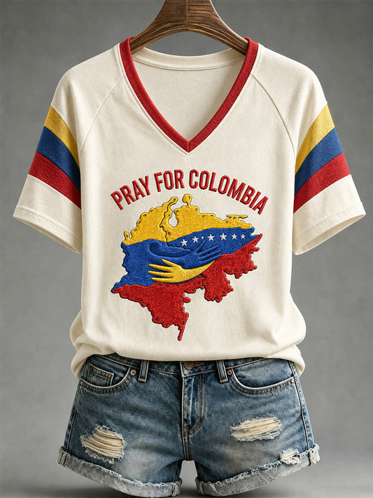 Women's Colombia Strong Print  Casual V-Neck Tee