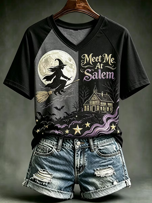 Women's Meet Me At Salem V-neck Off-shoulder Short-sleeved T-shirt
