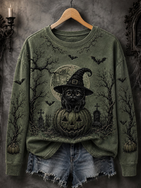 Women's Halloween Cat Print Sweatshirt