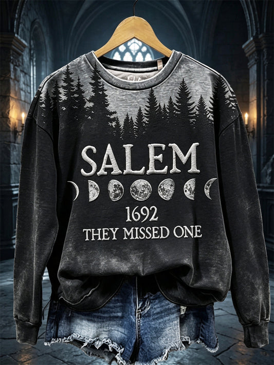 Women's Salem 1692 They Missed One Halloween Dark Forest Moon Phase Print Sweatshirt