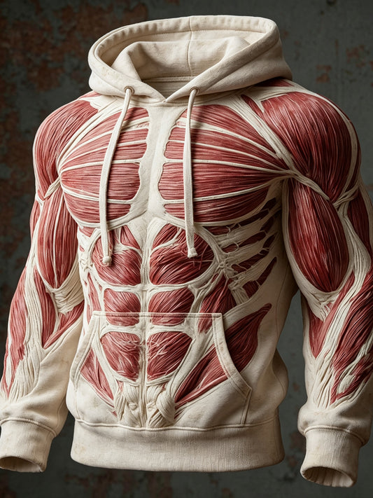 Men's Vintage Muscle Anatomy Texture Print Cozy Raglan Hoodie