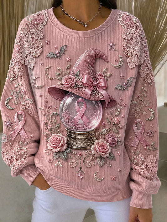 Women's Breast Cancer Awareness Witch Hat Ribbed Round-Neck Sweatshirt