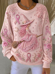 Women's Breast Cancer Awareness Witch Ribbed Round-Neck Sweatshirt