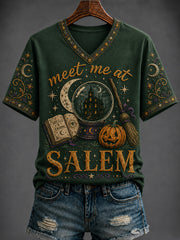 Women's Halloween “meet me at SALEM” Printed V-neck T-shirt