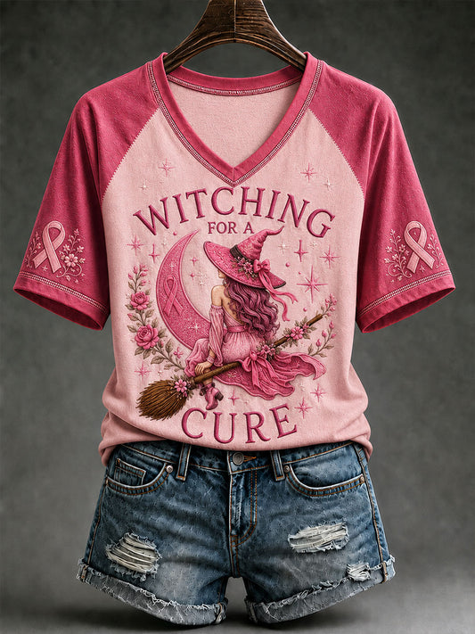 Women's Witching For A Cure Breast Cancer Awareness V-neck T-shirt