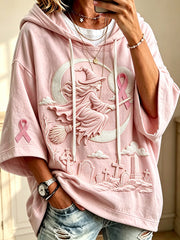 Women’s Flying Witch Moon Pink Ribbon Print Breast Cancer Awareness Hoodie