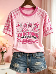 Women's Breast Cancer Theme Halloween Elements Pattern Printed Casual Short Sleeve T-Shirt
