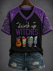 Women's Halloween “drink up WITCHES” Printed V-neck T-shirt