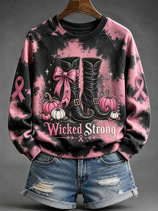 Women's Halloween Wicked Strong Pink Ribbon Print Raglan Sleeve Sweatshirt