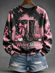 Women's Halloween Wicked Strong Pink Ribbon Print Raglan Sleeve Sweatshirt
