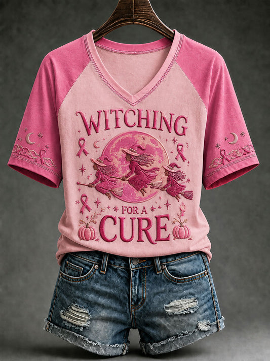 Women's Witching For A Cure Breast Cancer Awareness V-neck T-shirt